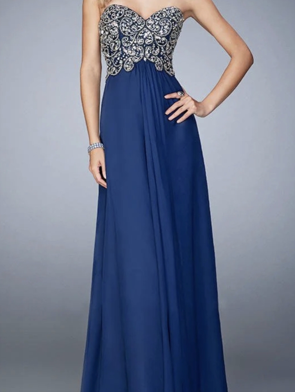 La Femme Navy Beaded Strapless Dress